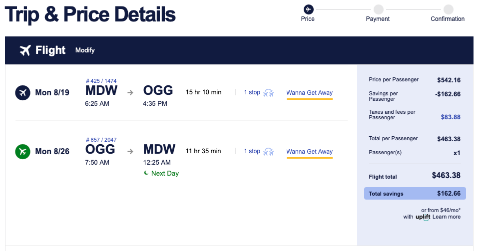 Cost of flight to Hawaii on Southwest Airlines